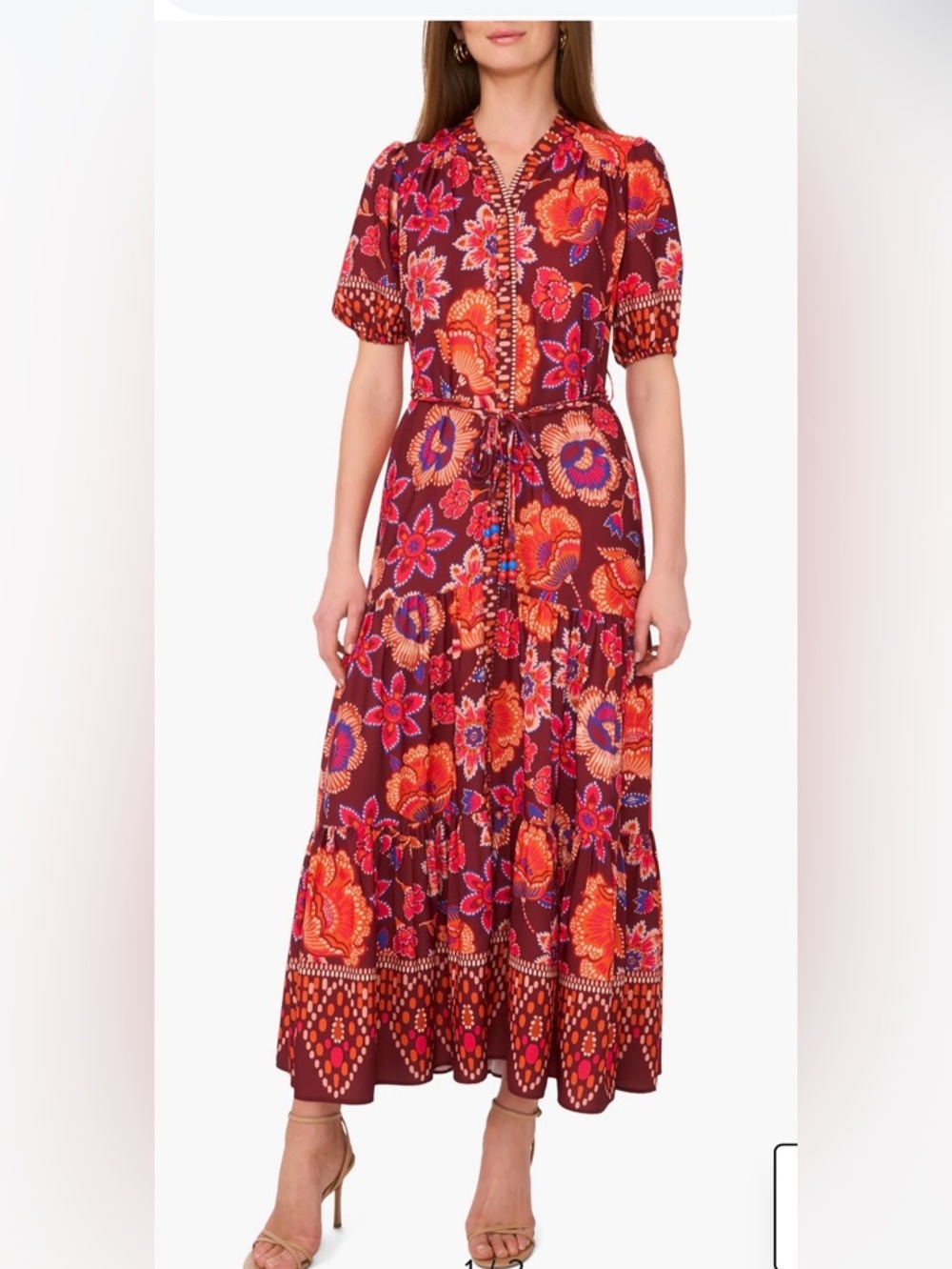 NWOT Floral Tiered Maxi Dress in Burgundy and Orange